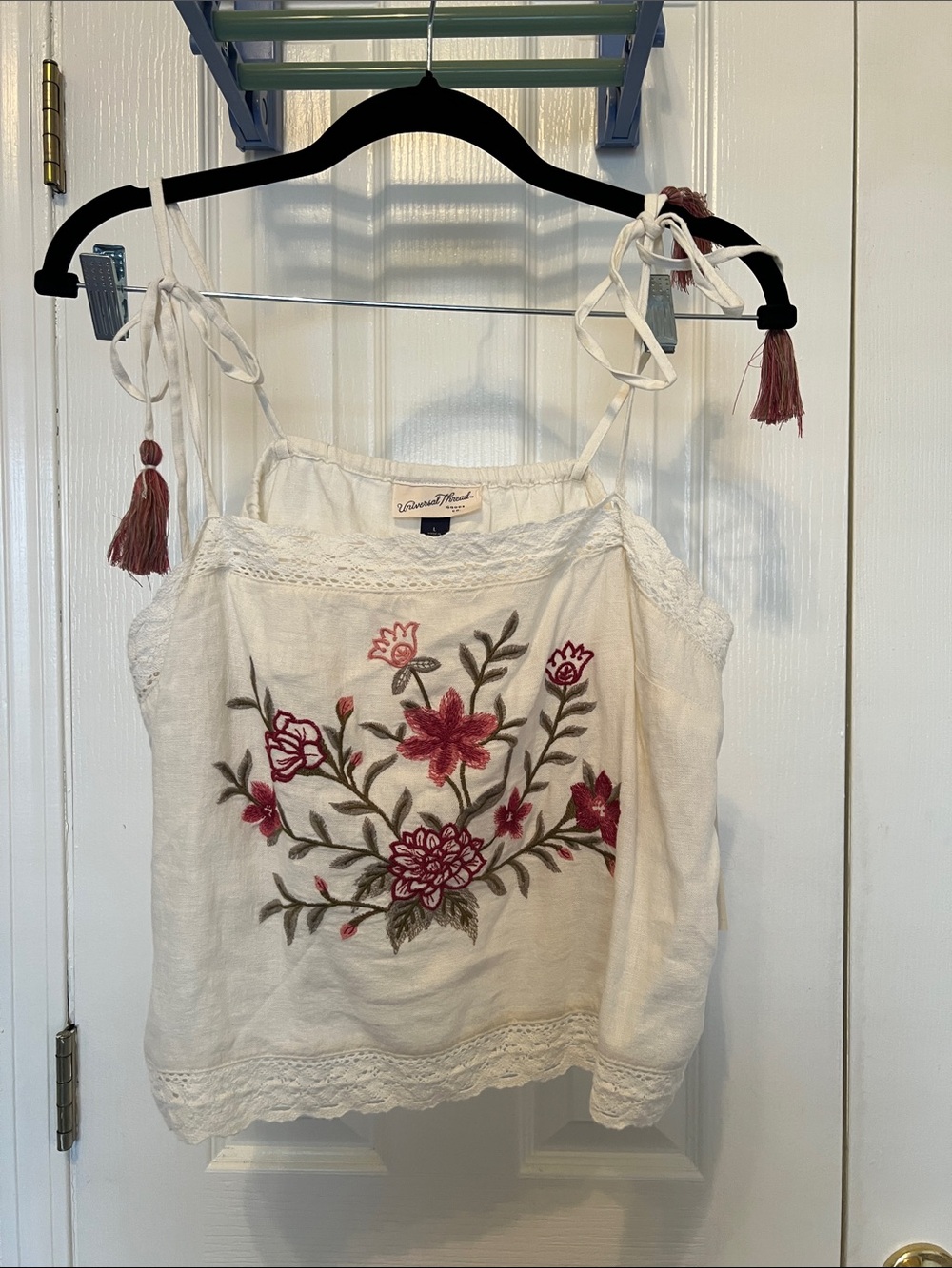 Universal Thread Cream Camisole with Red Floral Embroidery